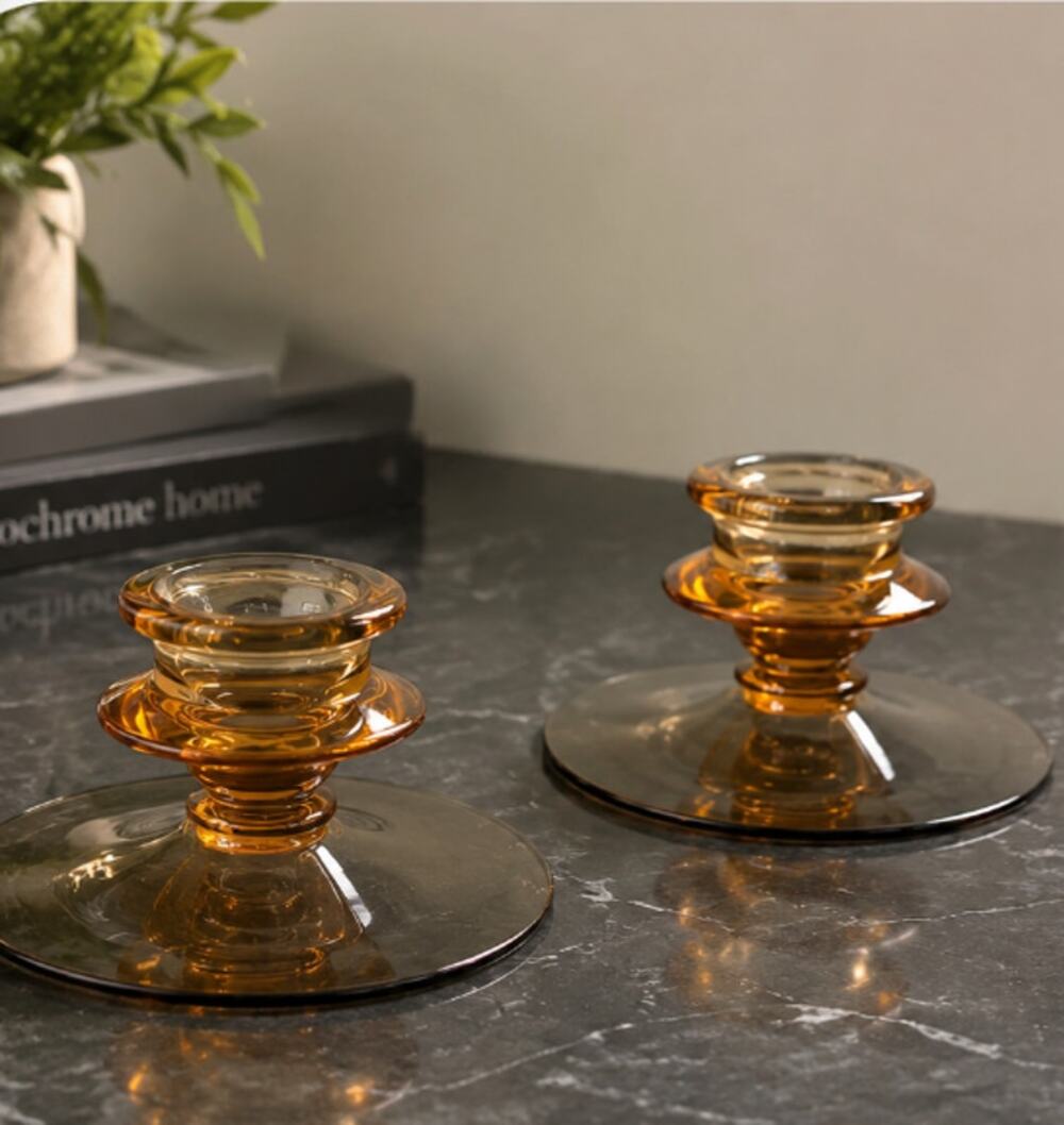 Vintage Amber & Smoke Gray Art Glass Candle Holders Pair Mid Century Modern